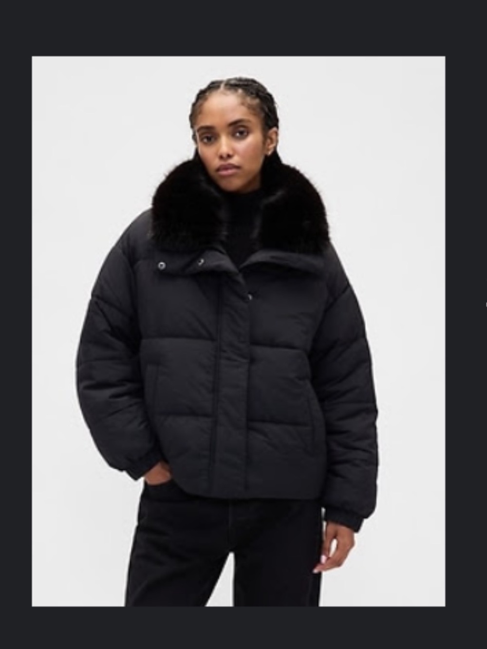 NEW GAP Women's Black Puffer Coat with removable Faux Fur Trim Collar Jacket